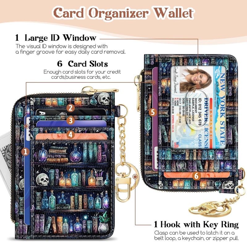 GIANCOMICS Slim Wallet Credit Card Holder Women, Goth Bookshelf Rfid Blocking Small Card Case, Keychain Thin Pocket Curved Zipper Wallet, Travel Card Holder PU Leather ID Window, Ladies Female Gifts - Image 4